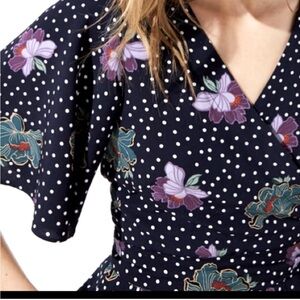 LOFT•Black Polka Dot Purple Floral‎ Wrap Peplum Blouse•Sz Small